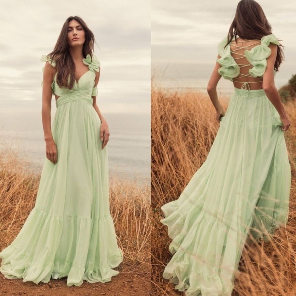 💞 NWT-MAC DUGGAL Mint Green Ruffle Tiered Cut-Out Chiffon Gown 67911 Sz 6
